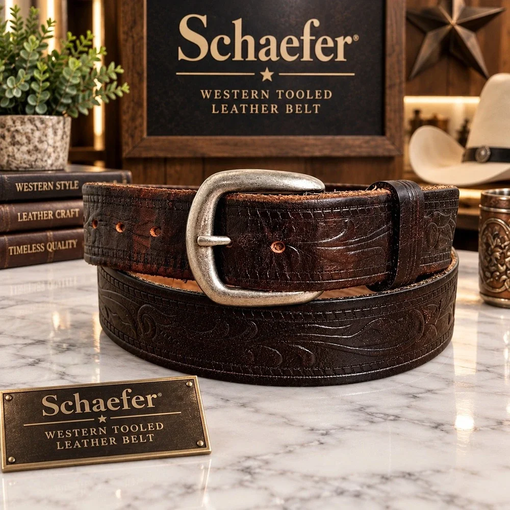 Vintage Schaefer Western Tooled‎ Leather Belt Brown Mens Size 40 Made in USA
